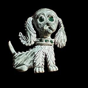 Gerrys Dog Brooch Gray Puppy Green Rhinestone‎ Eyes Collar Vintage Pin